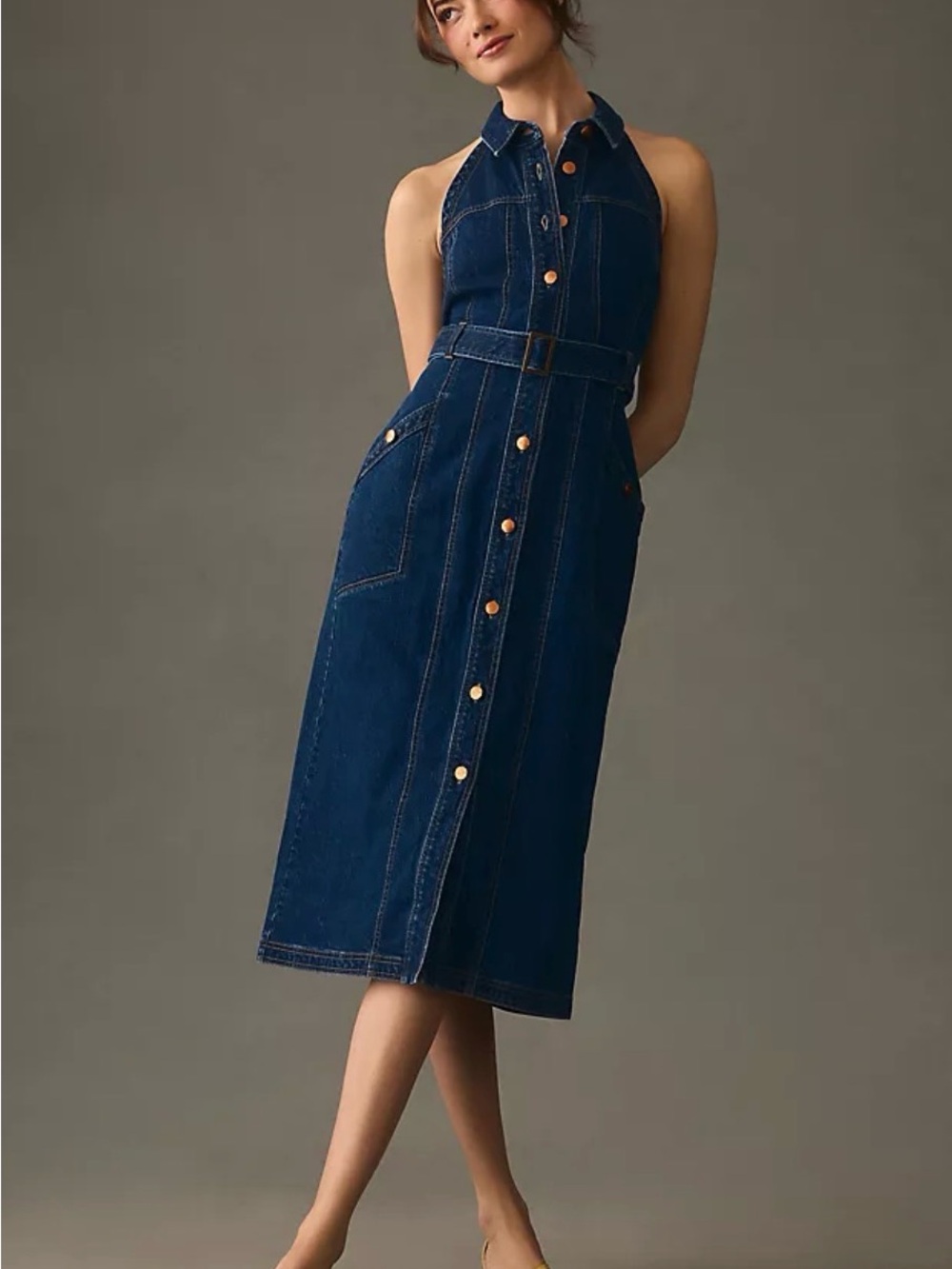 Anthropologie Pilcro Dark Blue Denim Midi Dress Sleeveless Button Up Belted 14